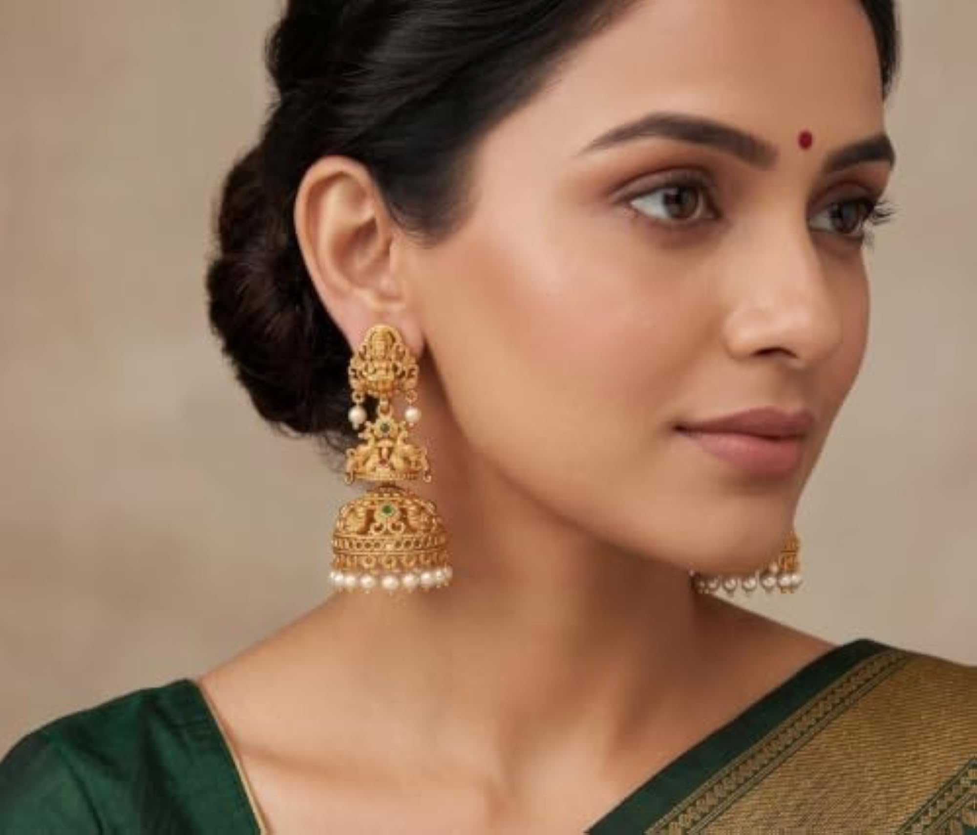 Temple Jhumka Earrings Gold-Toned with Pearl Drops